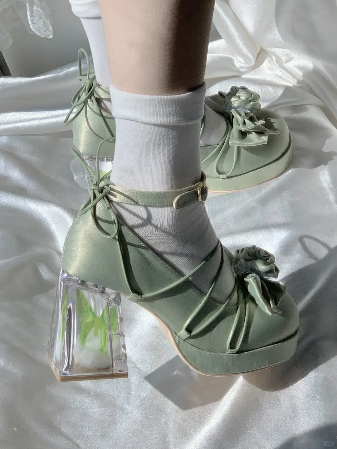 Moeka Chan Lolita Pink Blue White Black Green Butterfly Transparent Glass High Heels Shoes - Image 8