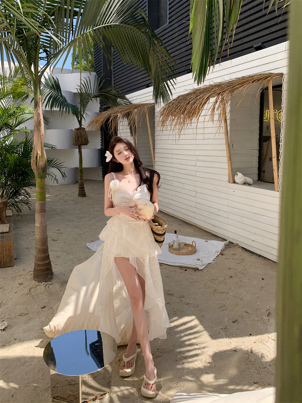 Monet Angel Rose Summer Cream Long Dress - Image 4