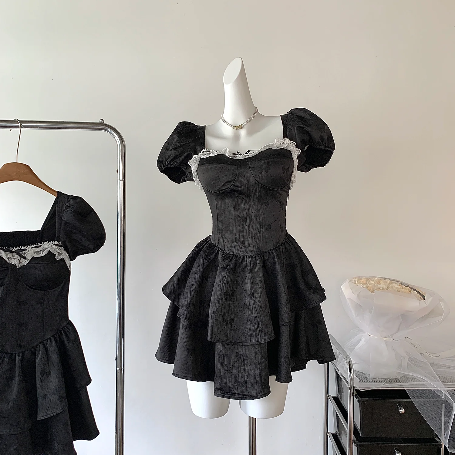 Monet Black Bow Puff Sleeve Short Dress - Image 8