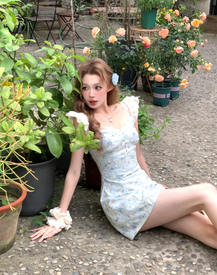 Monet Love Summer Traces Floral Blue White Dress - Image 2