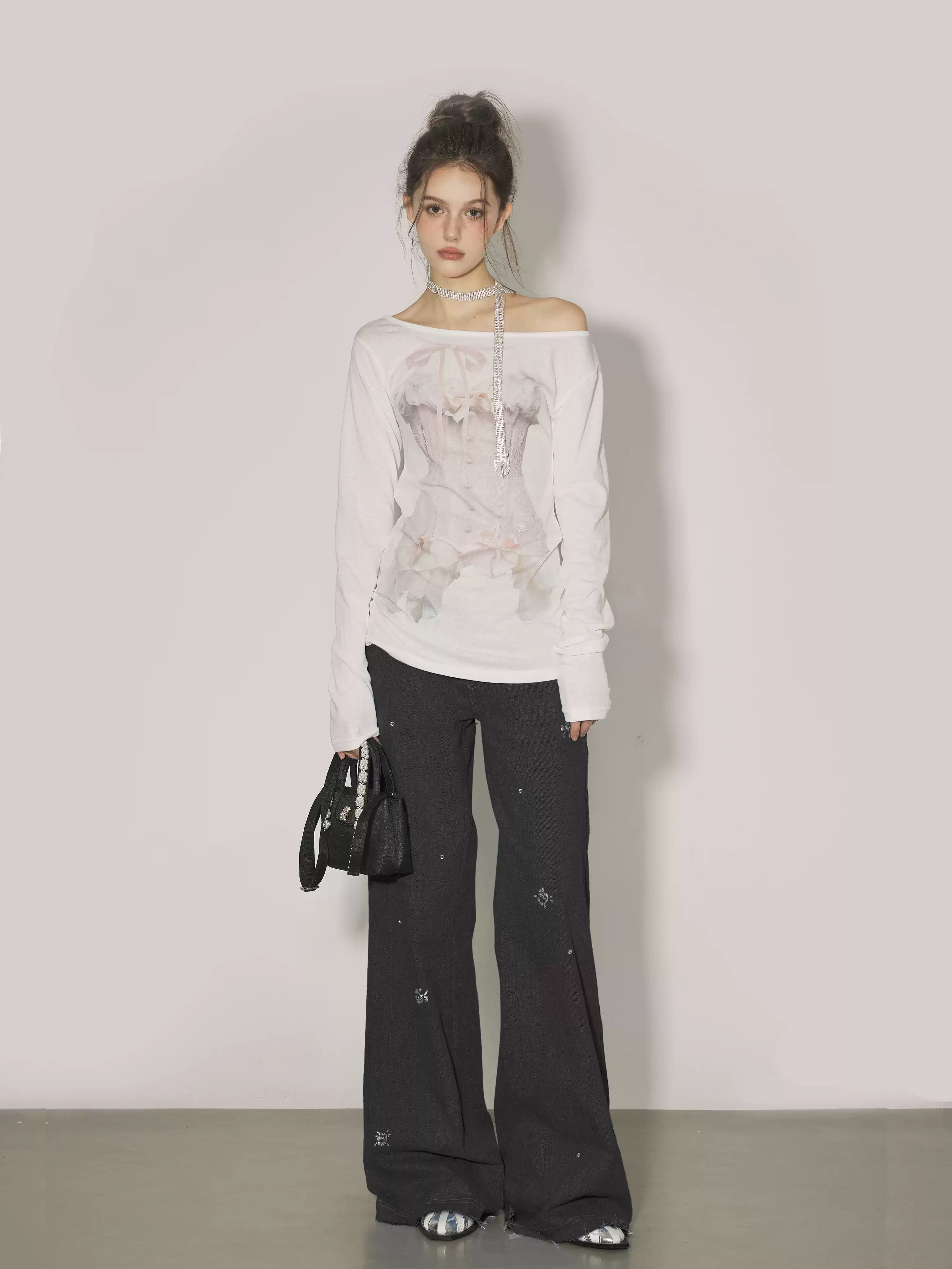 Monet Retro Princess Print White Oversize Shirt Top - Image 3