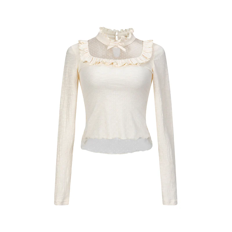 Monet Retro Winter Beige White Polka Dot Shirt Top - Image 2
