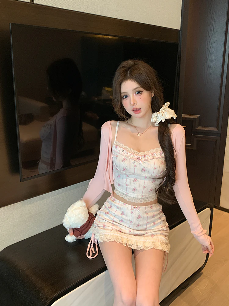 Monet Sweet Floral Lace White Camisole Top & Skirt & Pink Cardigan Three Piece Set - Image 3