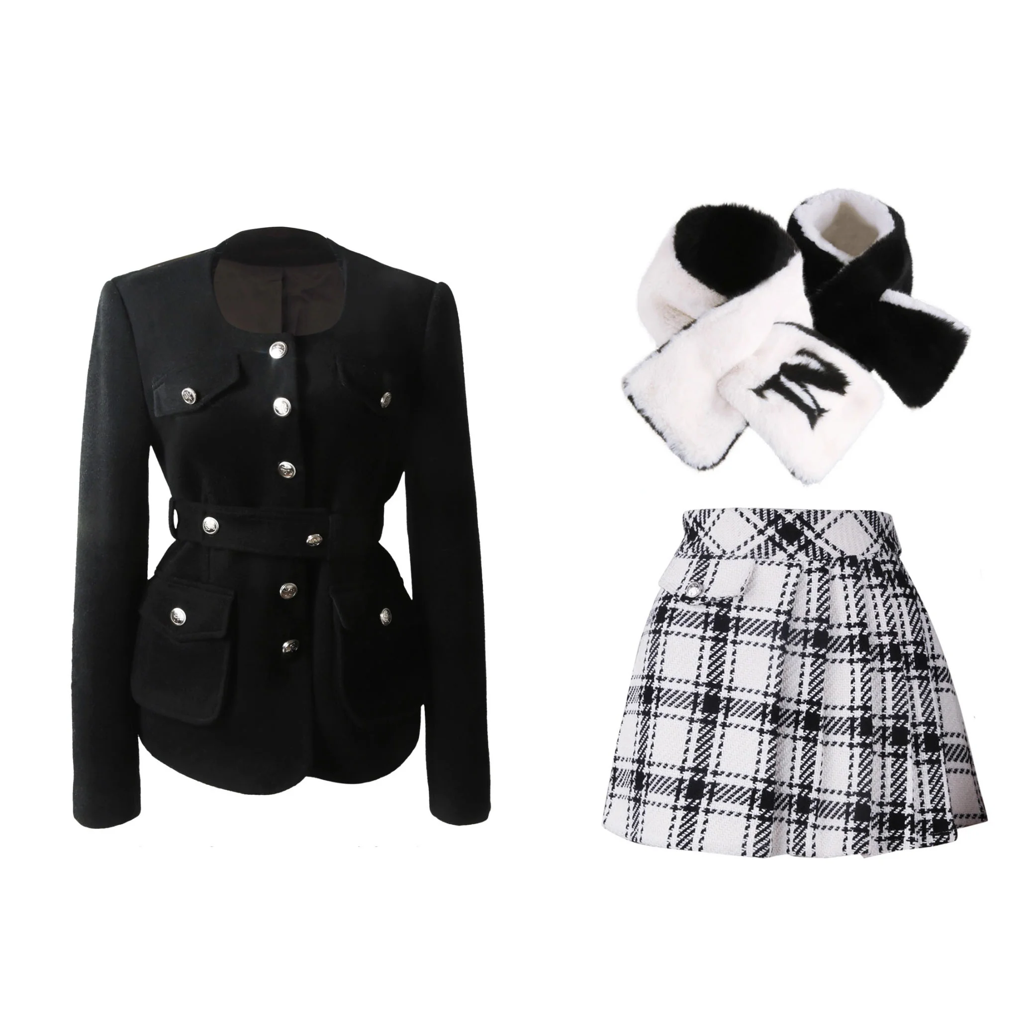 Monet Winter Academia Black Knight Wool Jacket & Pleated Plaid Skirt Two Piece Set - Image 2