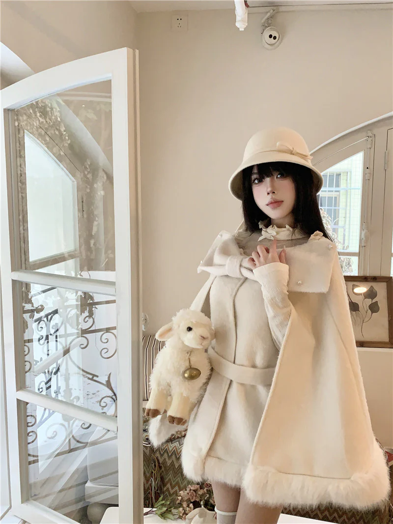Monet Winter Elegant Chic Lady Retro Bow White Beige Cape Cloak Dress Two Piece Set - Image 6