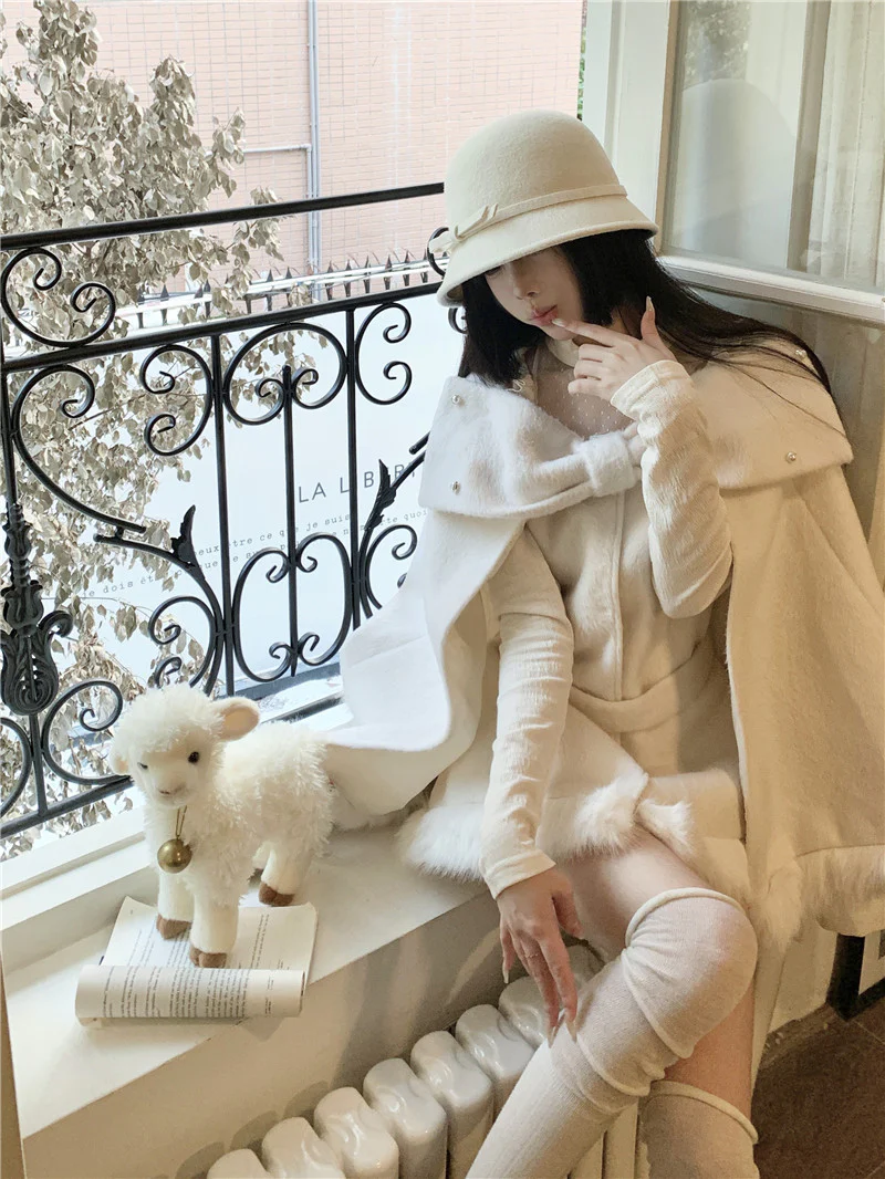 Monet Winter Elegant Chic Lady Retro Bow White Beige Cape Cloak Dress Two Piece Set - Image 7
