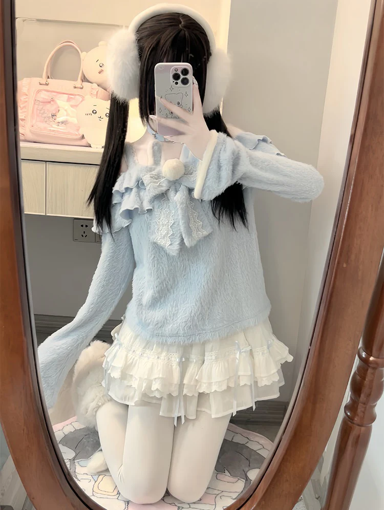 Nanny Bunny Blue Fuzzy Sweater & White Skirt Two Piece Set