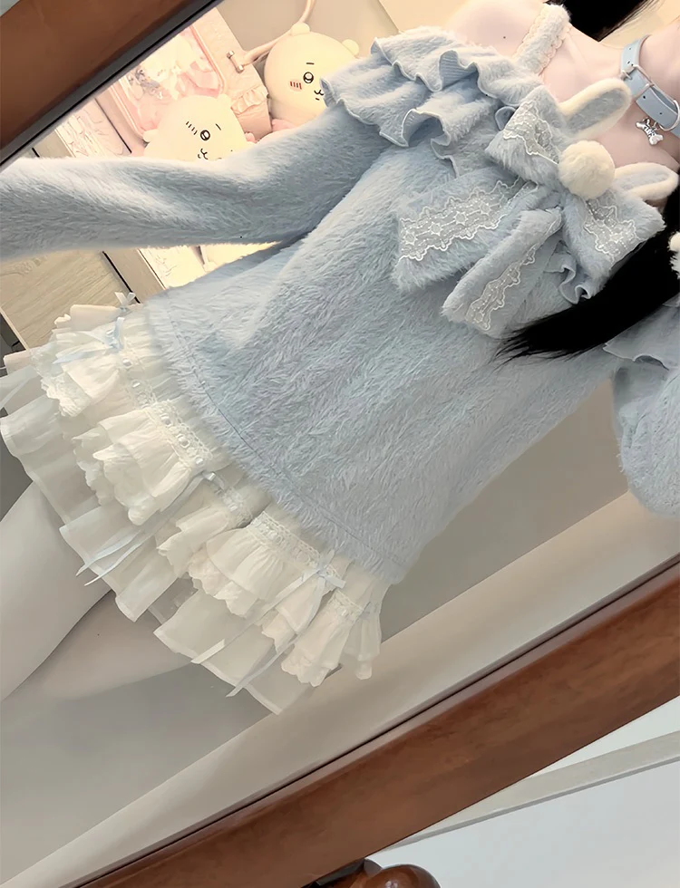 Nanny Bunny Blue Fuzzy Sweater & White Skirt Two Piece Set - Image 2
