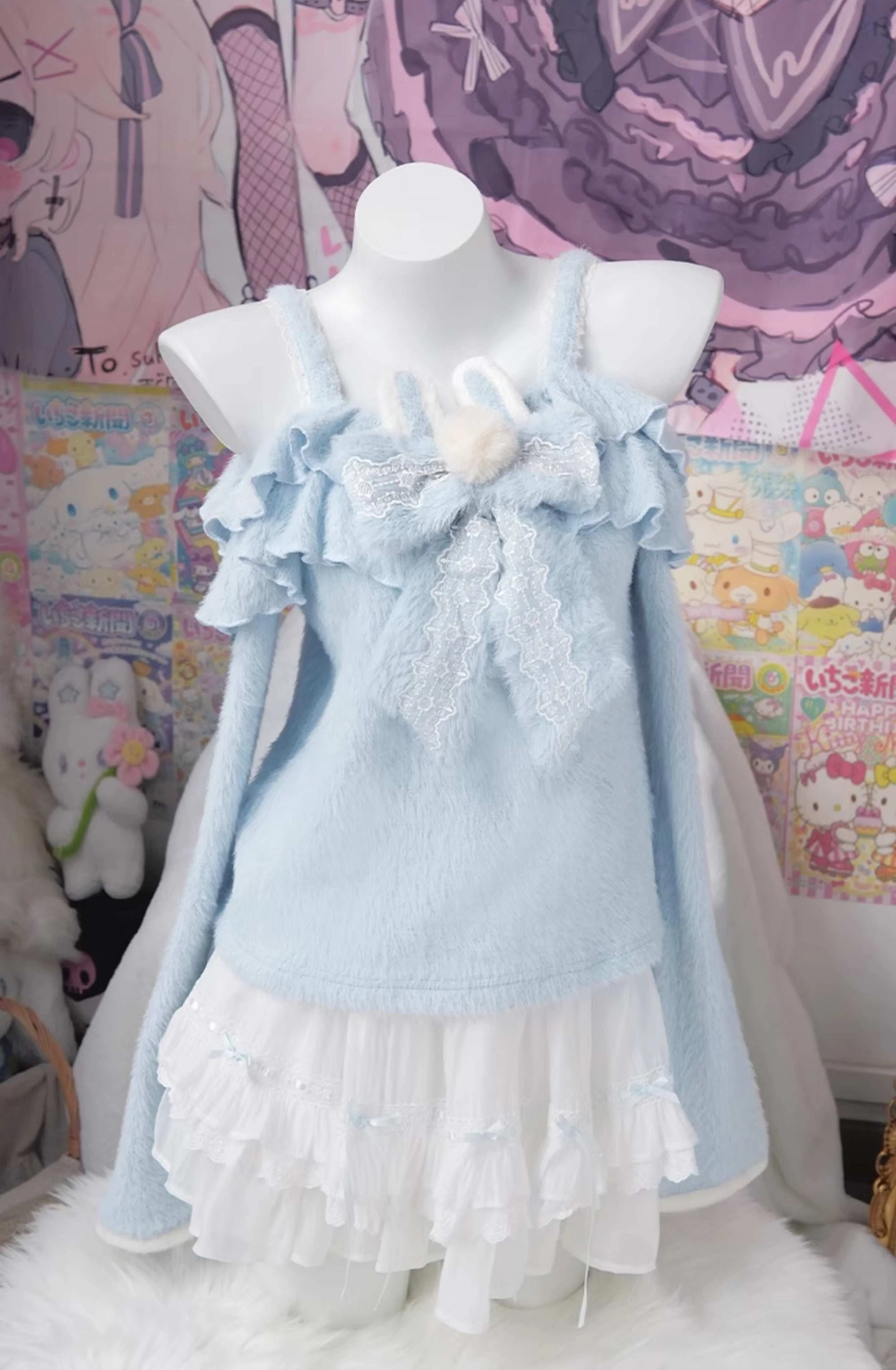 Nanny Bunny Blue Fuzzy Sweater & White Skirt Two Piece Set - Image 3