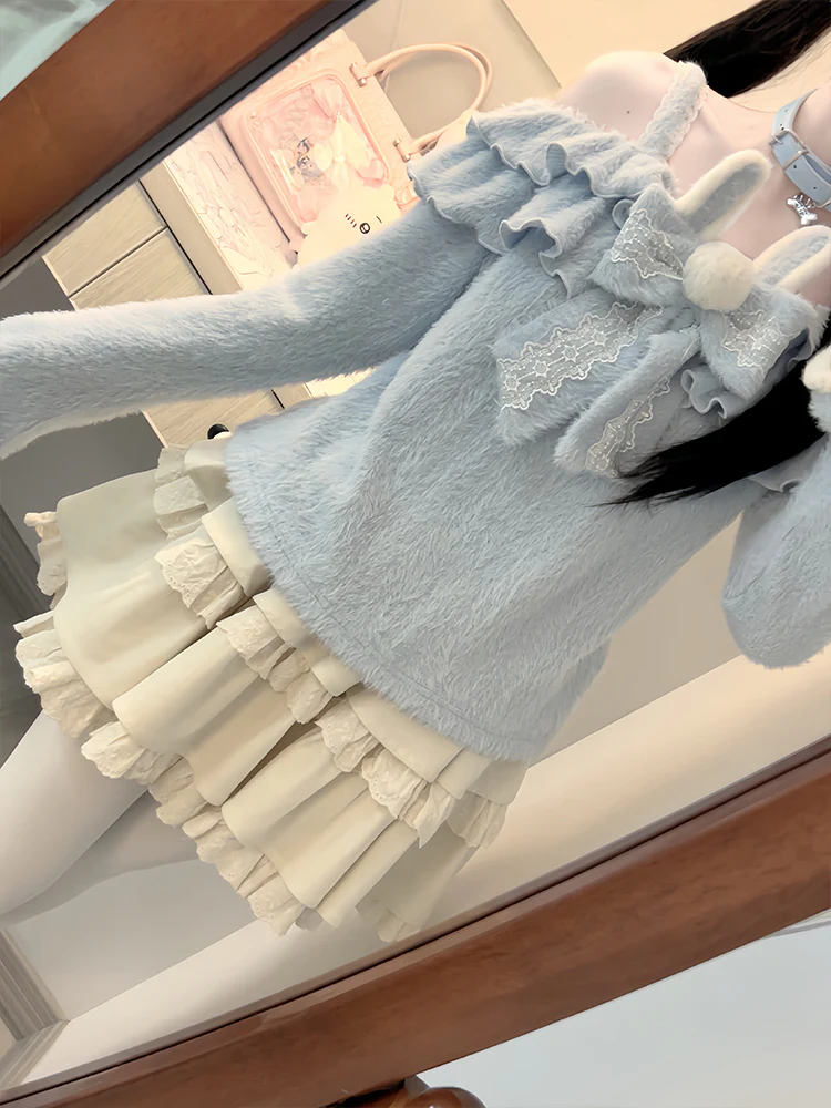 Nanny Bunny Blue Fuzzy Sweater & White Skirt Two Piece Set - Image 4