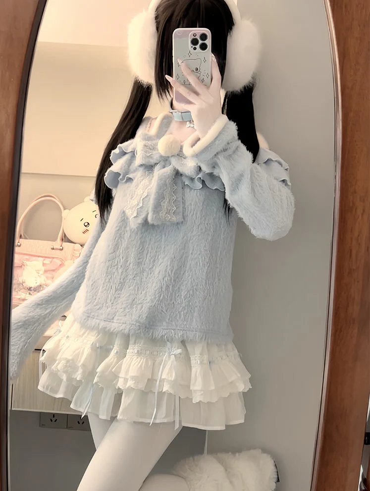 Nanny Bunny Blue Fuzzy Sweater & White Skirt Two Piece Set - Image 5