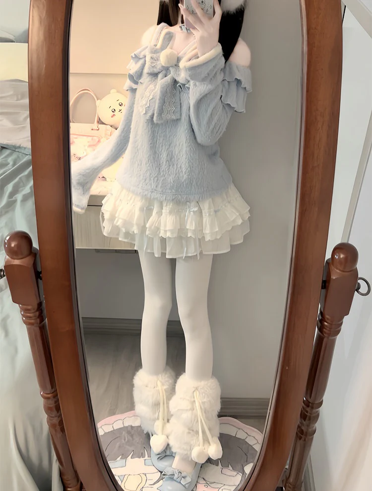 Nanny Bunny Blue Fuzzy Sweater & White Skirt Two Piece Set - Image 6