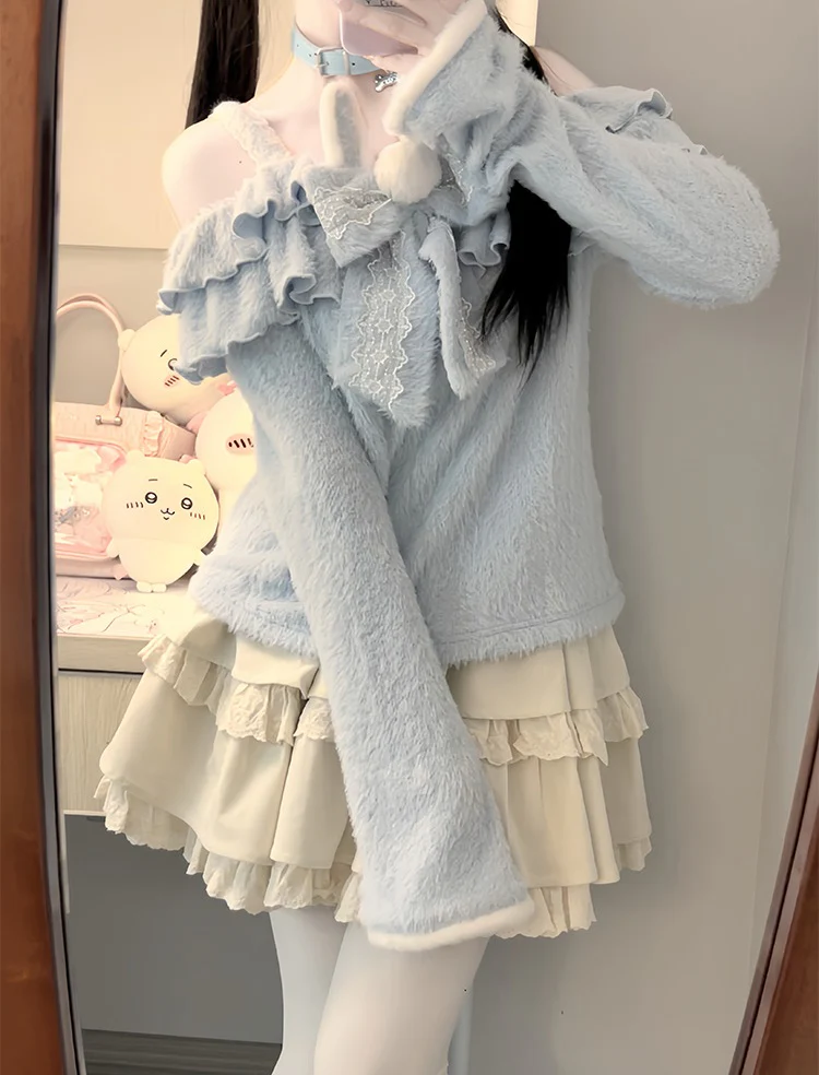 Nanny Bunny Blue Fuzzy Sweater & White Skirt Two Piece Set - Image 7