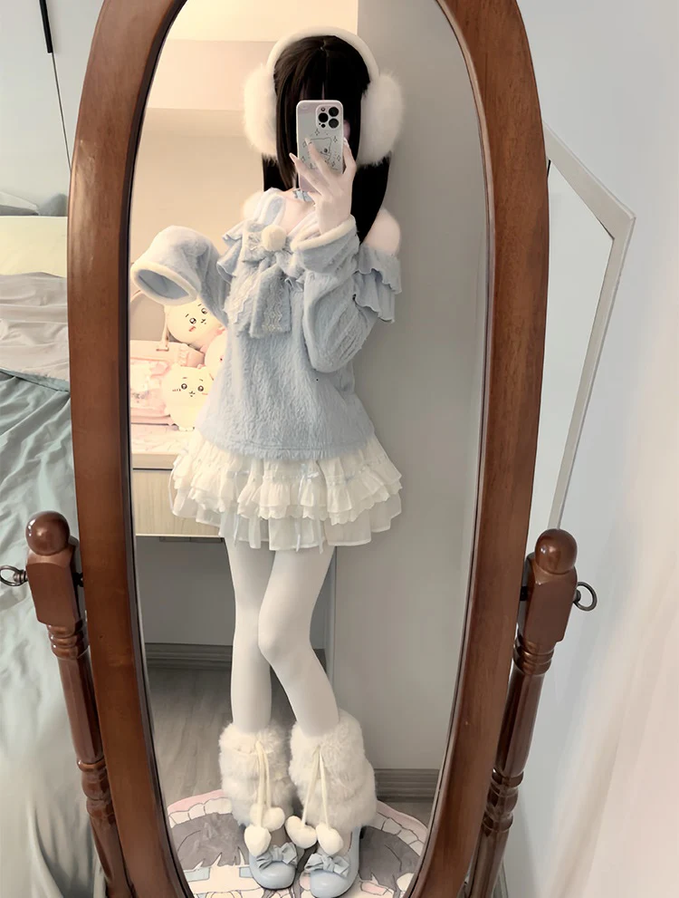 Nanny Bunny Blue Fuzzy Sweater & White Skirt Two Piece Set - Image 8