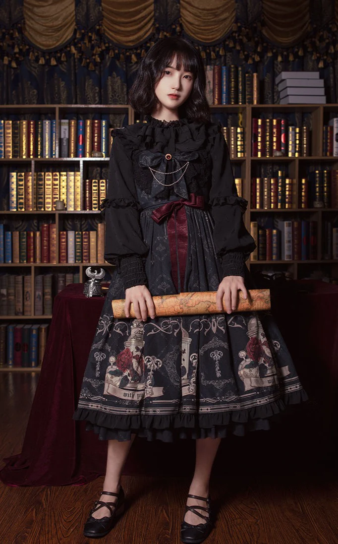 Universal Lolita Nightingale and Rose Birdcage Black Red Gothic Goth Girl Strap Dress - Image 3