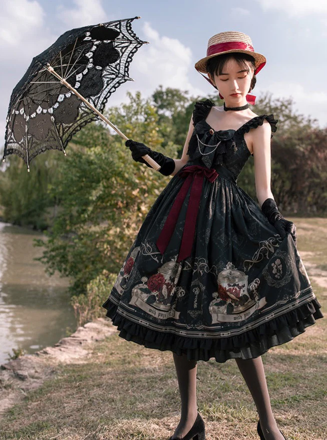 Universal Lolita Nightingale and Rose Birdcage Black Red Gothic Goth Girl Strap Dress - Image 4