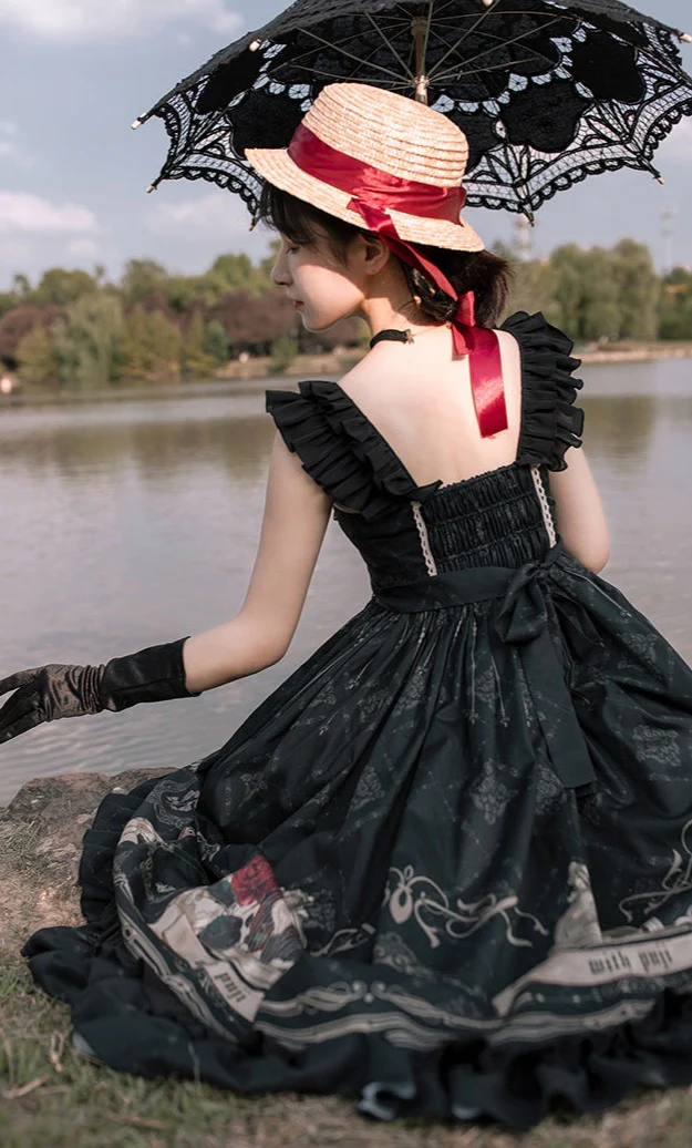 Universal Lolita Nightingale and Rose Birdcage Black Red Gothic Goth Girl Strap Dress - Image 5