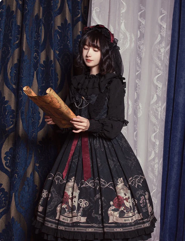 Universal Lolita Nightingale and Rose Birdcage Black Red Gothic Goth Girl Strap Dress - Image 7