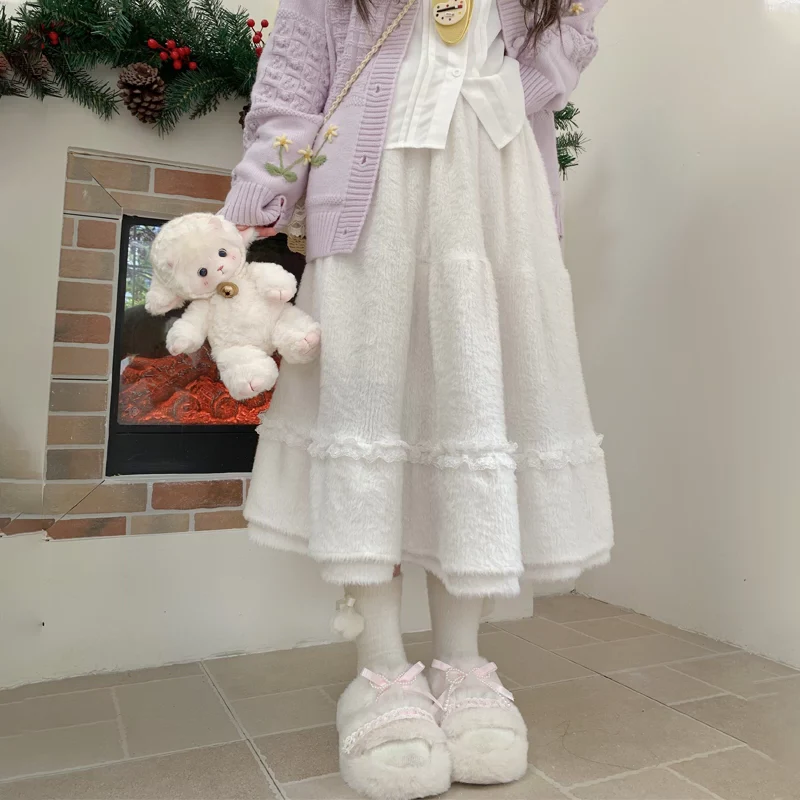 Ninth House Fall Plush Cream White Pink Maxi Skirt
