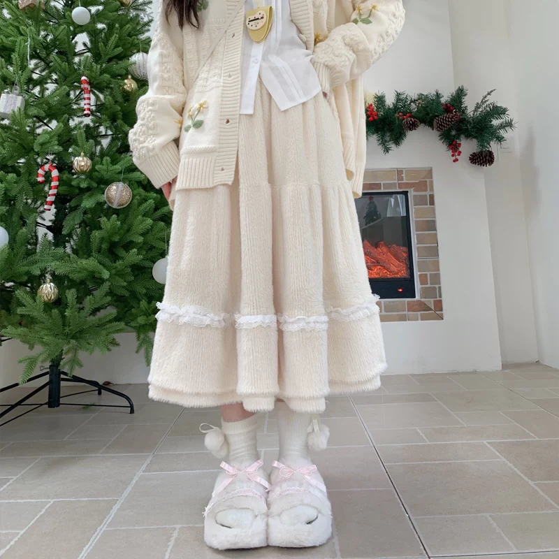 Ninth House Fall Plush Cream White Pink Maxi Skirt - Image 2