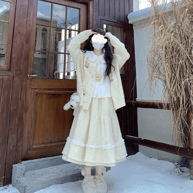 Ninth House Fall Plush Cream White Pink Maxi Skirt - Image 6