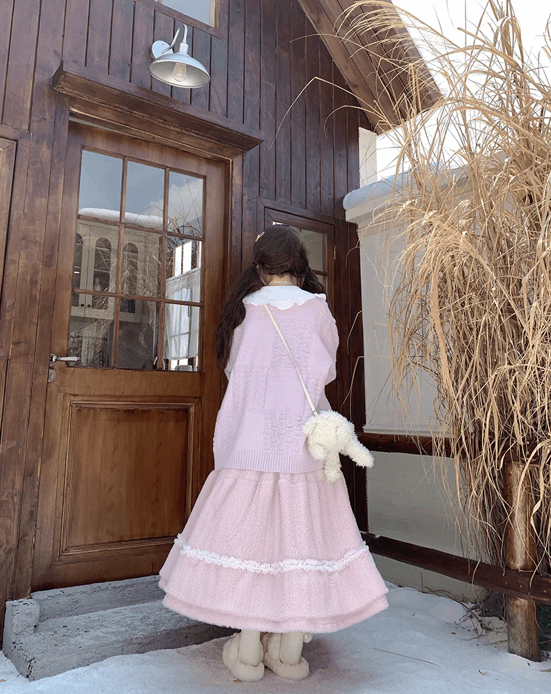 Ninth House Fall Plush Cream White Pink Maxi Skirt - Image 8