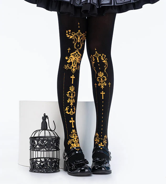 Ooh La La Meow Lolita Velvet Thron Cross Black Stockings Pantyhose - Image 2