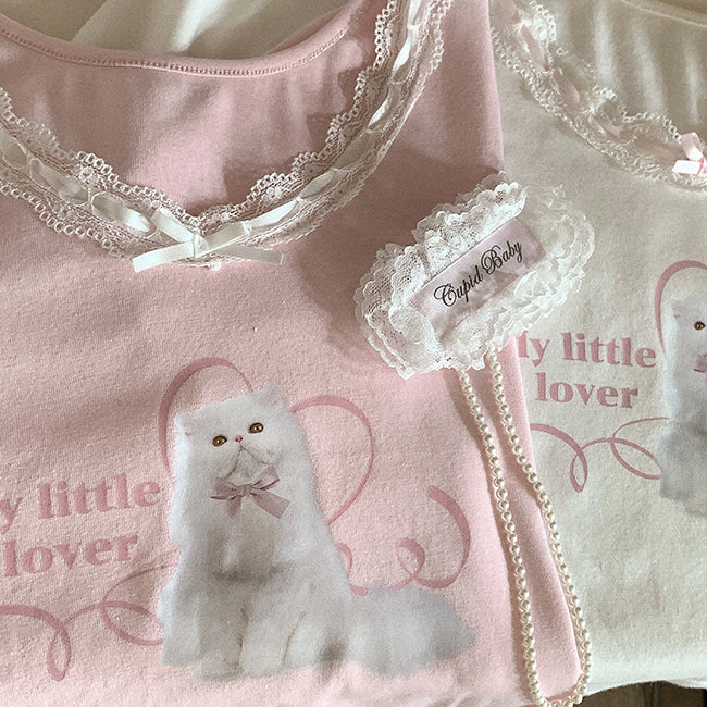 Persian Cat Kitten Cute Sweet Puff Sleeve Lace Top Shirt - Image 3