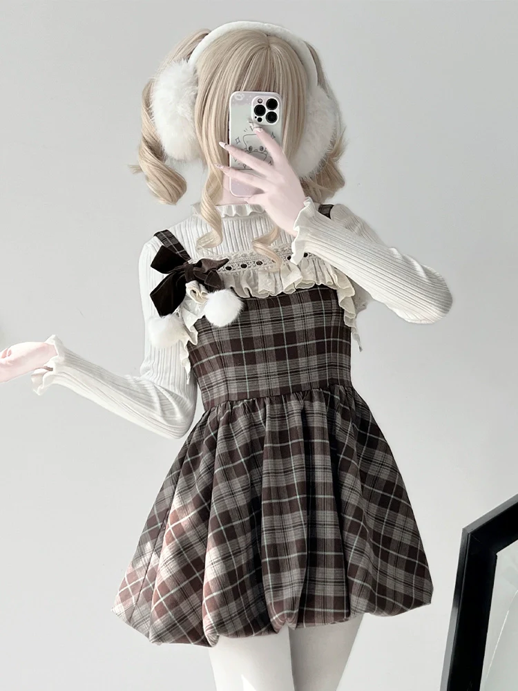 Petite Plaid Brown Suspender Dress White Sweater Two Piece Set