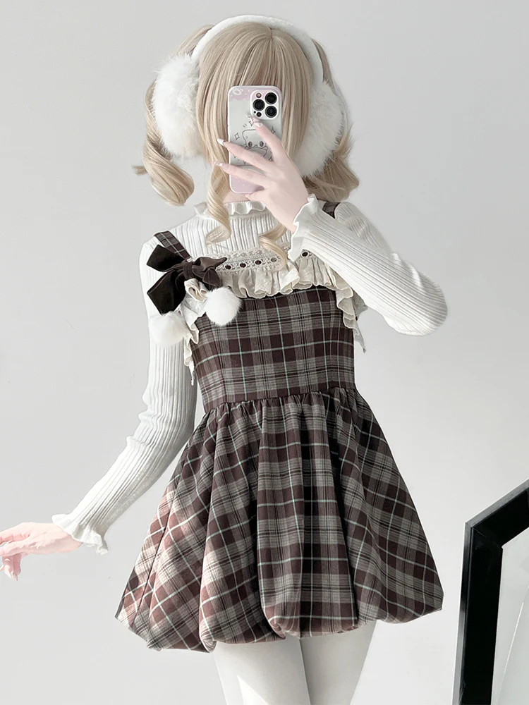 Petite Plaid Brown Suspender Dress White Sweater Two Piece Set - Image 2