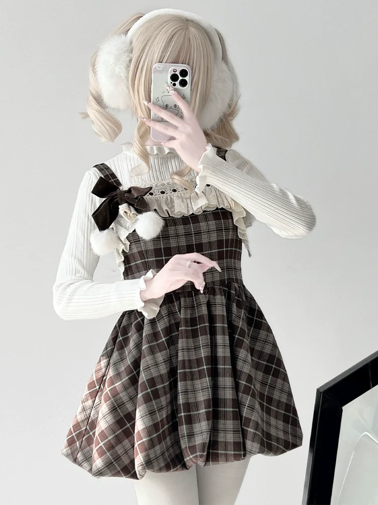 Petite Plaid Brown Suspender Dress White Sweater Two Piece Set - Image 3