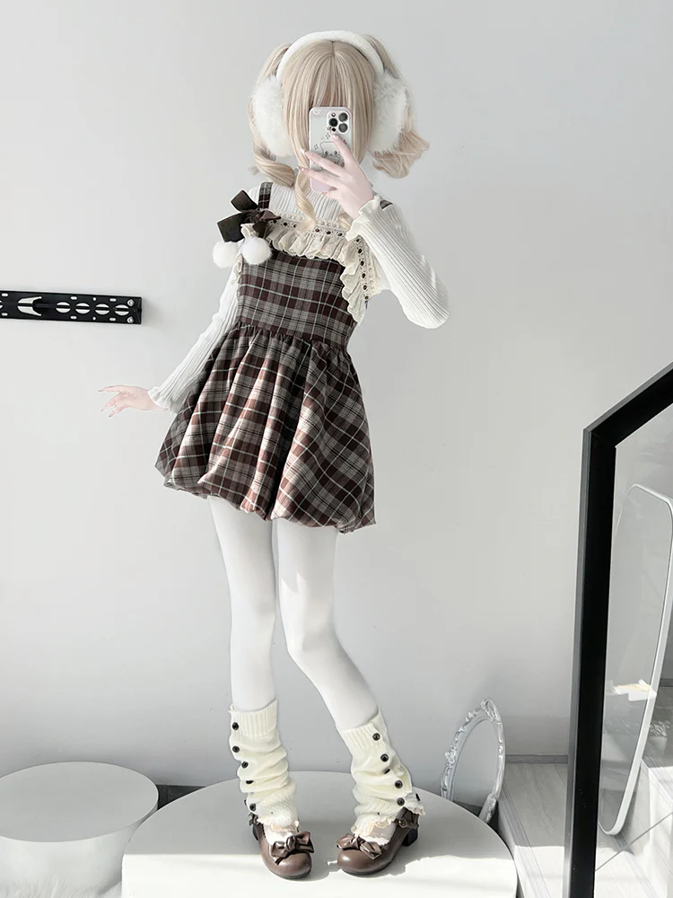 Petite Plaid Brown Suspender Dress White Sweater Two Piece Set - Image 4