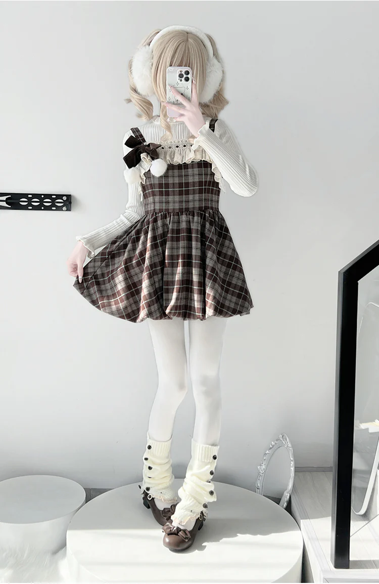 Petite Plaid Brown Suspender Dress White Sweater Two Piece Set - Image 5