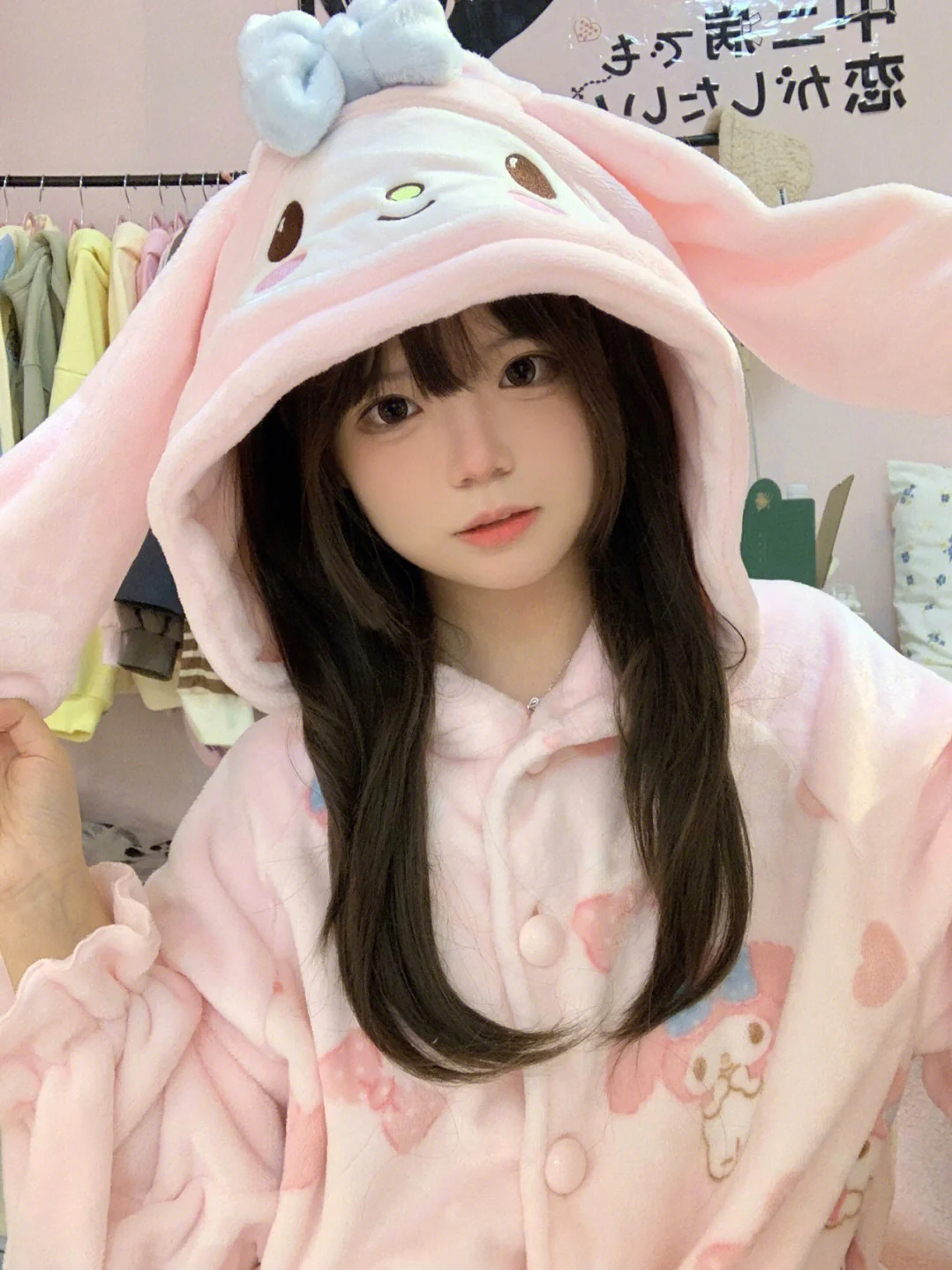 Pink Cartoon Melody Plush Coral Fleece Winter Pajamas Hooded Tops & Pants Two Piece