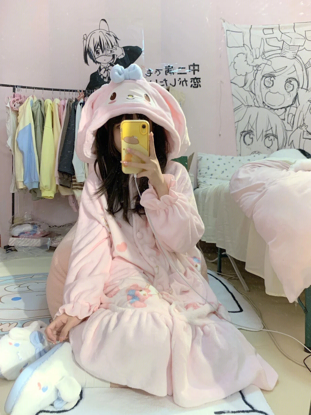 Pink Cartoon Melody Plush Coral Fleece Winter Pajamas Hooded Tops & Pants Two Piece - Image 3