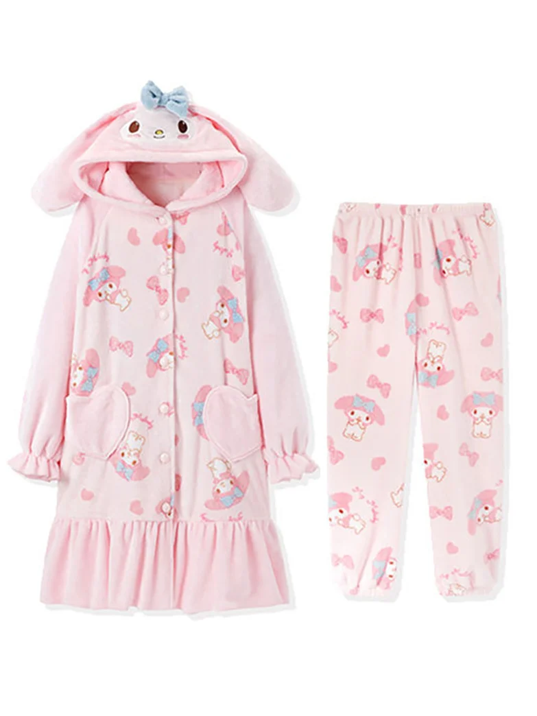 Pink Cartoon Melody Plush Coral Fleece Winter Pajamas Hooded Tops & Pants Two Piece - Image 4