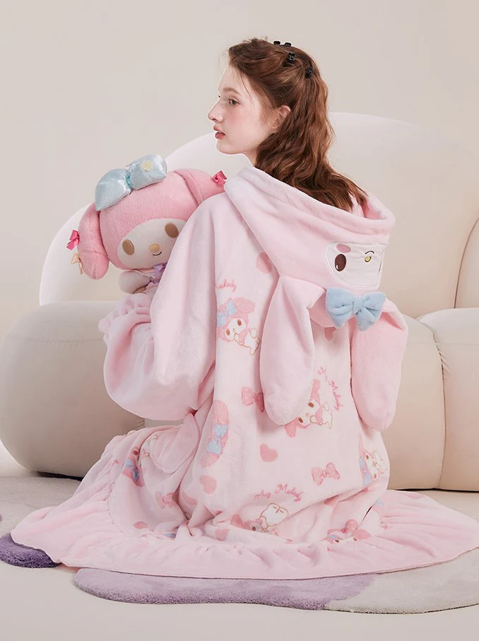 Pink Cartoon Melody Plush Coral Fleece Winter Pajamas Hooded Tops & Pants Two Piece - Image 5