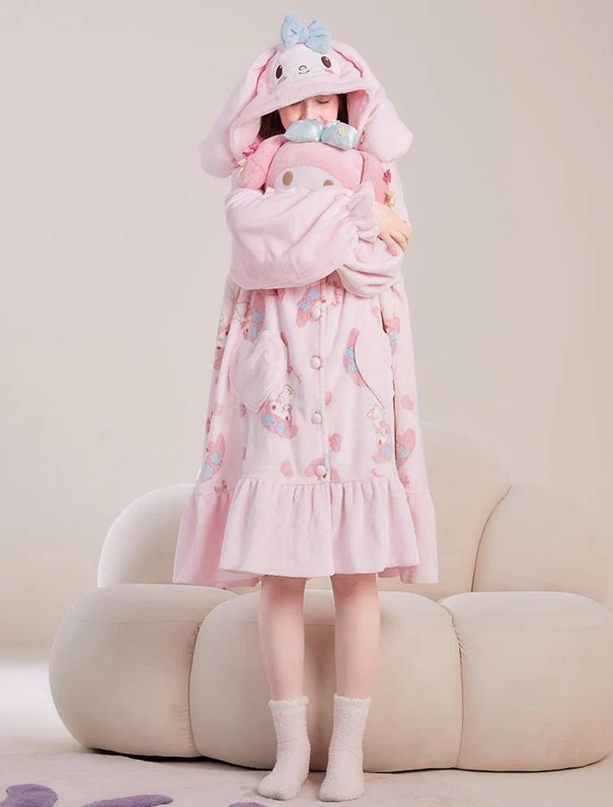 Pink Cartoon Melody Plush Coral Fleece Winter Pajamas Hooded Tops & Pants Two Piece - Image 6
