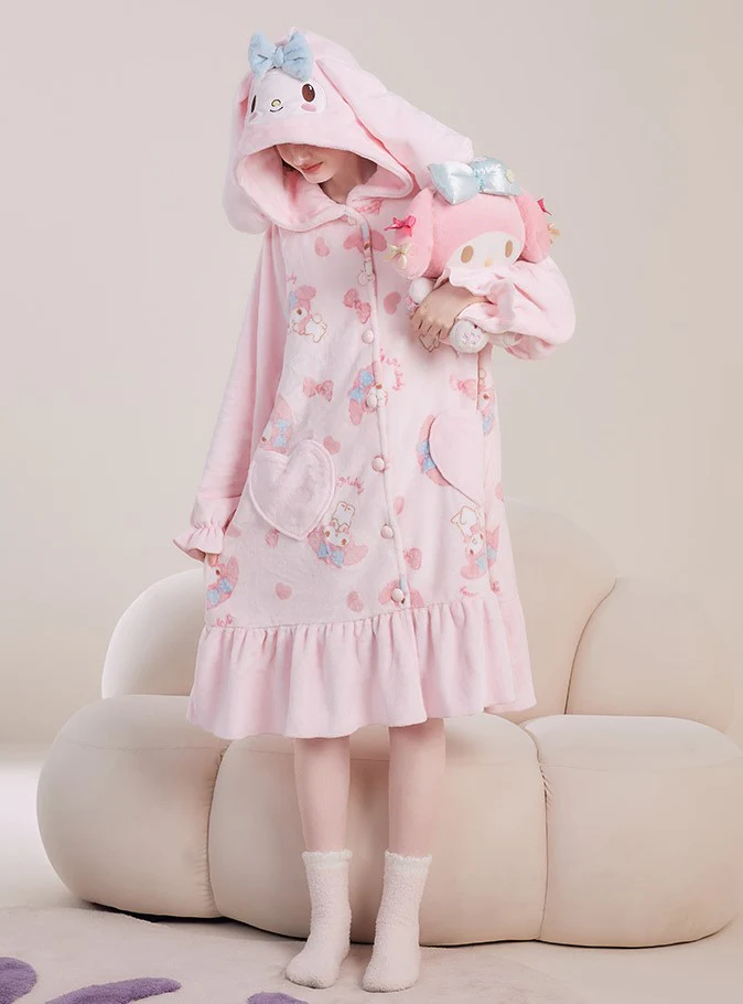 Pink Cartoon Melody Plush Coral Fleece Winter Pajamas Hooded Tops & Pants Two Piece - Image 7