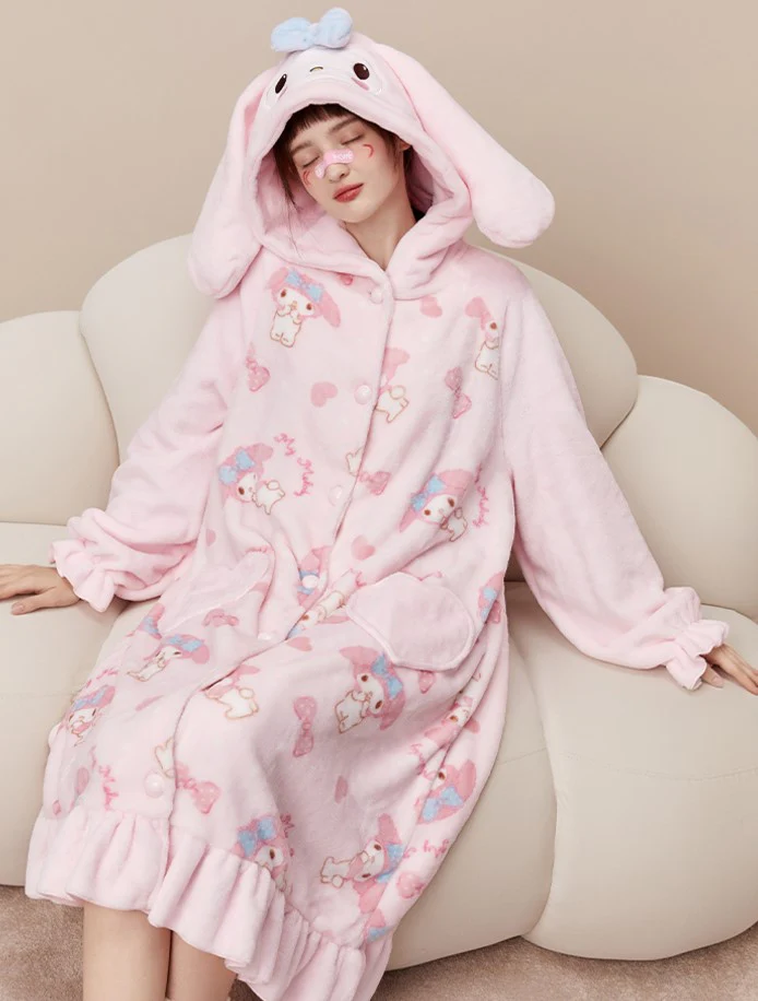 Pink Cartoon Melody Plush Coral Fleece Winter Pajamas Hooded Tops & Pants Two Piece - Image 8