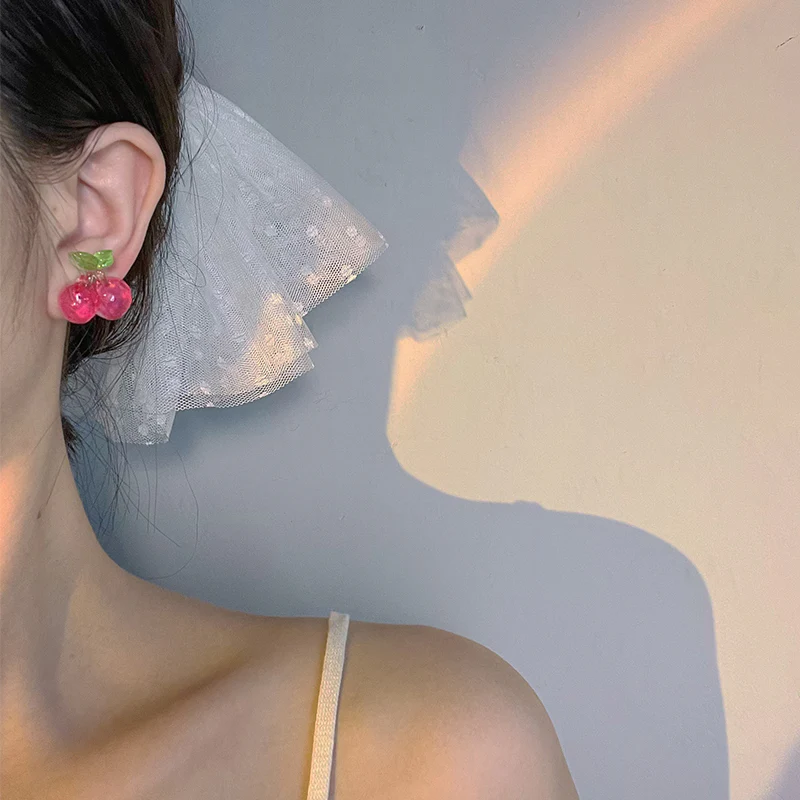 Pink Cherry Crystal Pretty Cute Women Earrings Earclips - Image 4