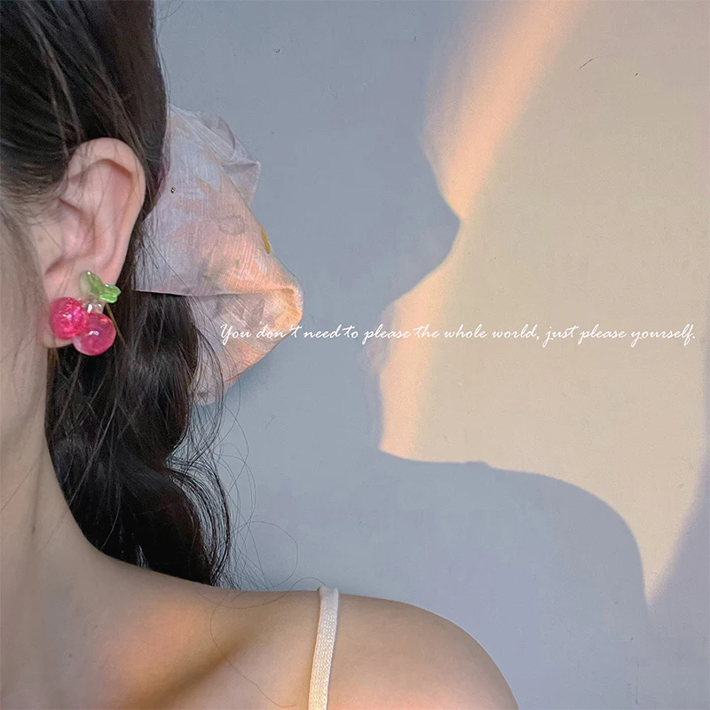 Pink Cherry Crystal Pretty Cute Women Earrings Earclips - Image 5