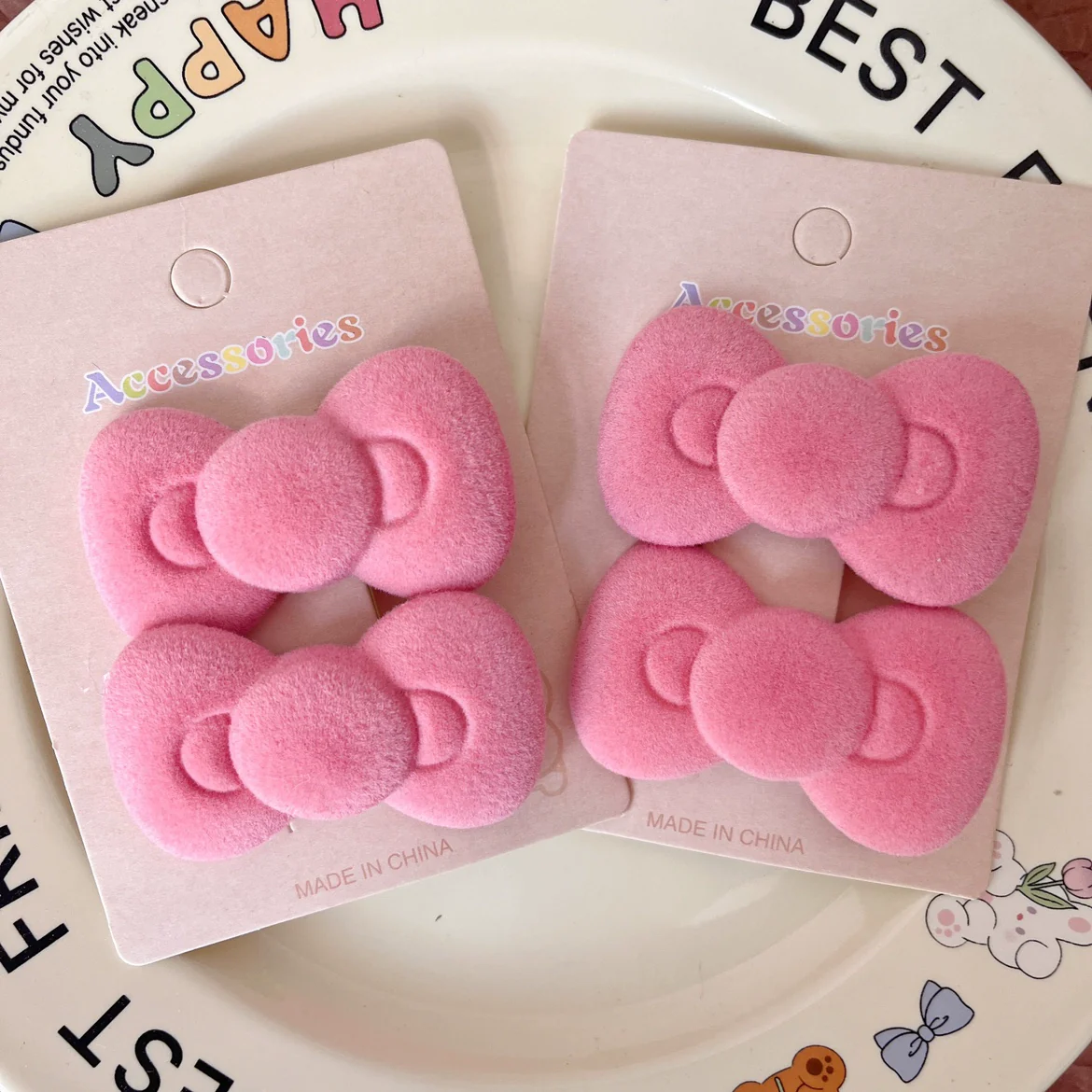 Pink Red Velvet Kitty Bow Hair Clips - Image 5