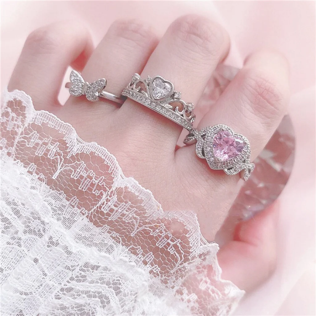 Pink Silver Love Bow Rhinestone Diamond Crown Ring Collection Set Accessories Jewerly - Image 4
