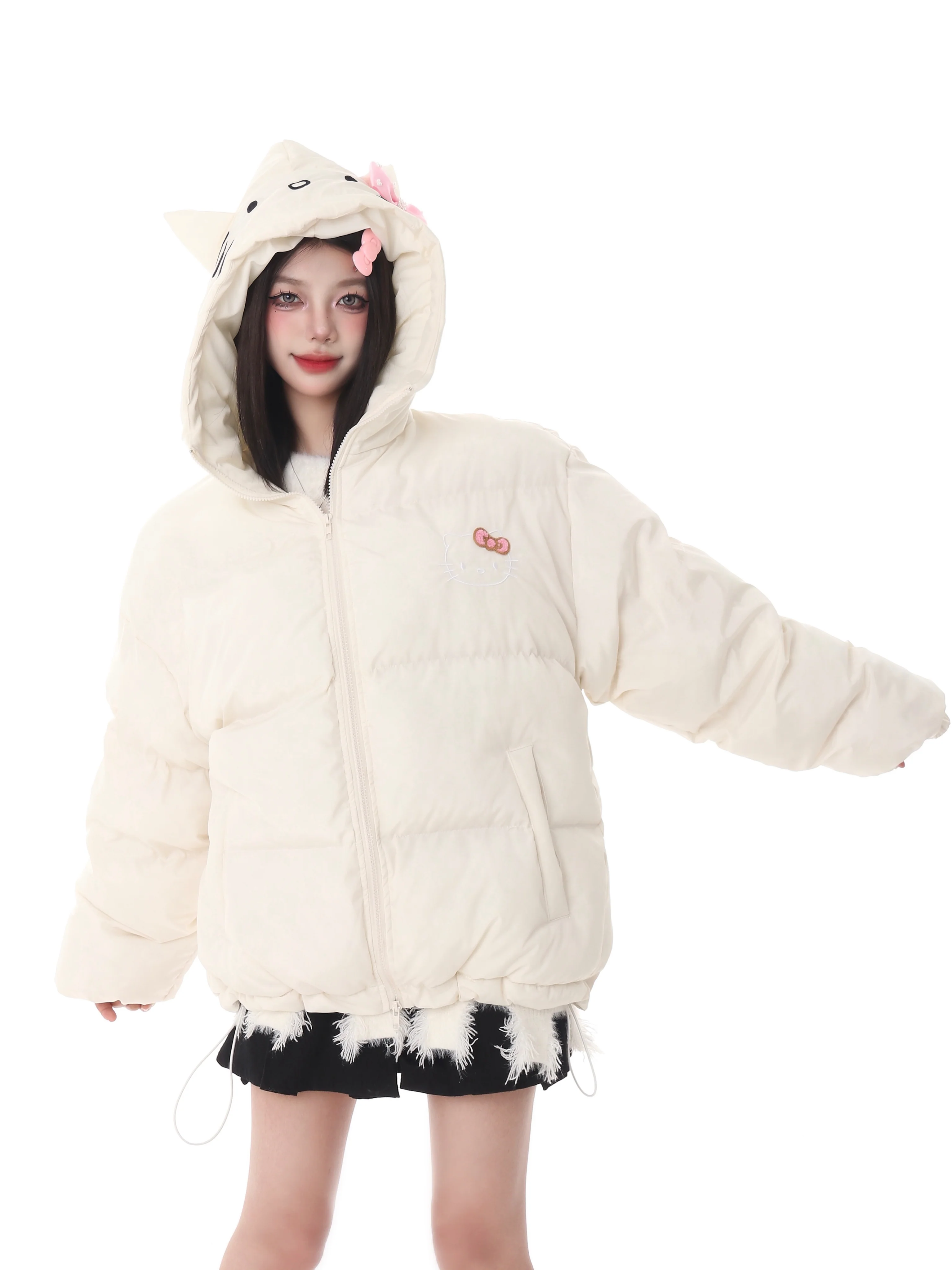 Pink White Blue Cartoon Kitty Cat Winter Thick Padded Puffer Jacket - Image 2