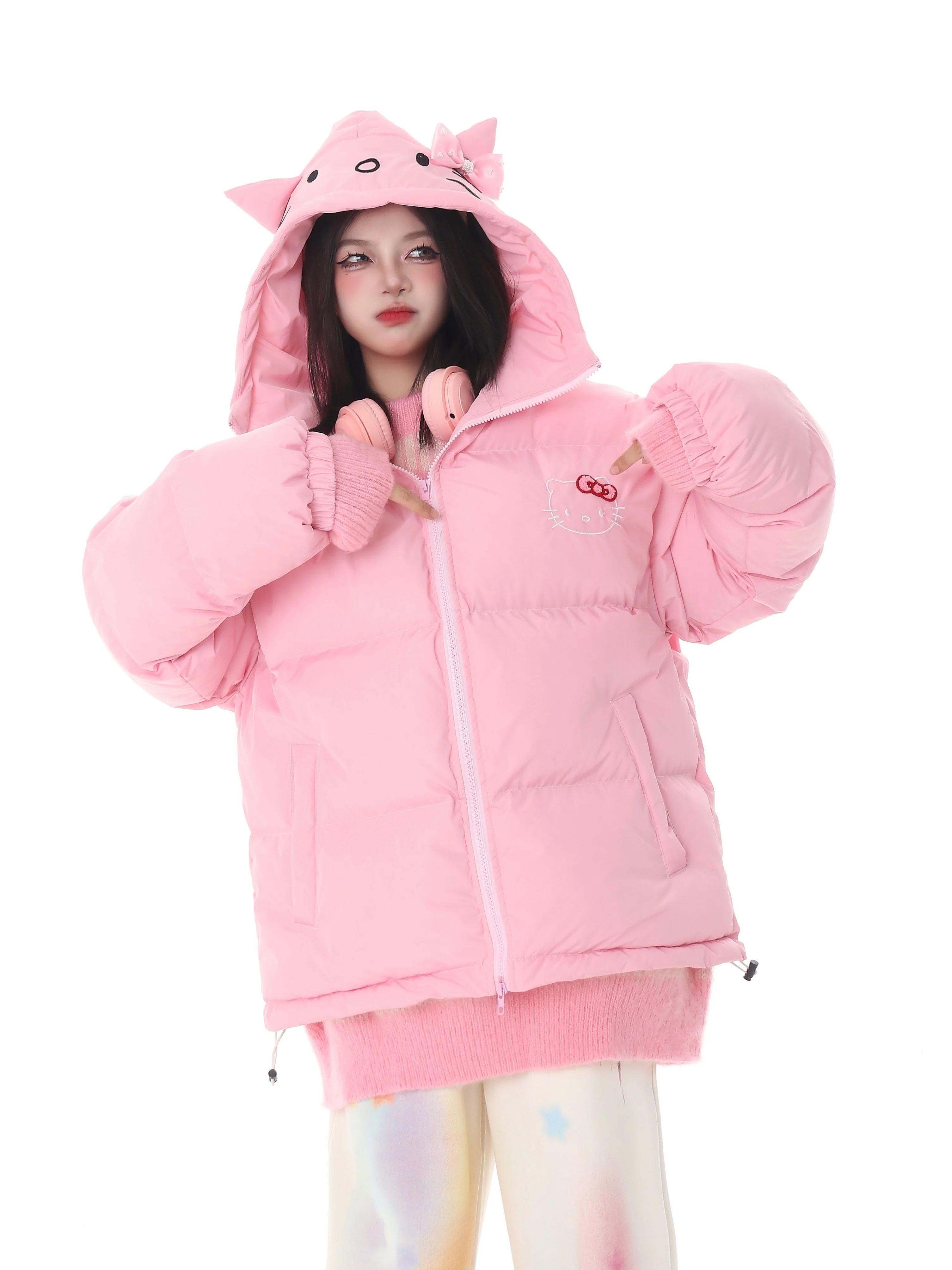 Pink White Blue Cartoon Kitty Cat Winter Thick Padded Puffer Jacket - Image 7