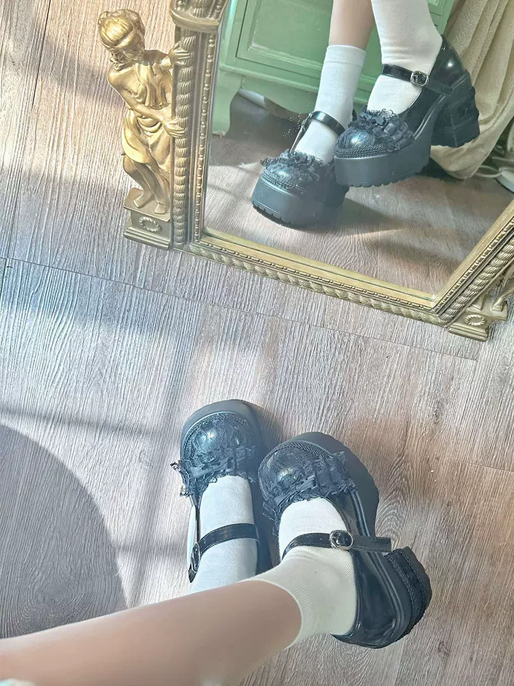 Pinky Black & White Thick Soles Lace Mary Jane Shoes - Image 6