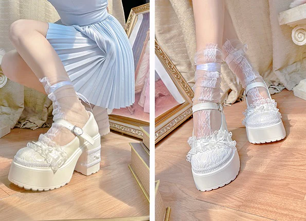 Pinky Black & White Thick Soles Lace Mary Jane Shoes - Image 9