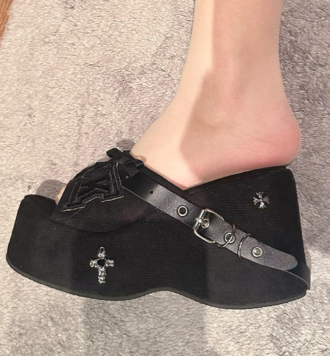 Pinky Cross Punk Black Wedges Sandals Shoes - Image 5
