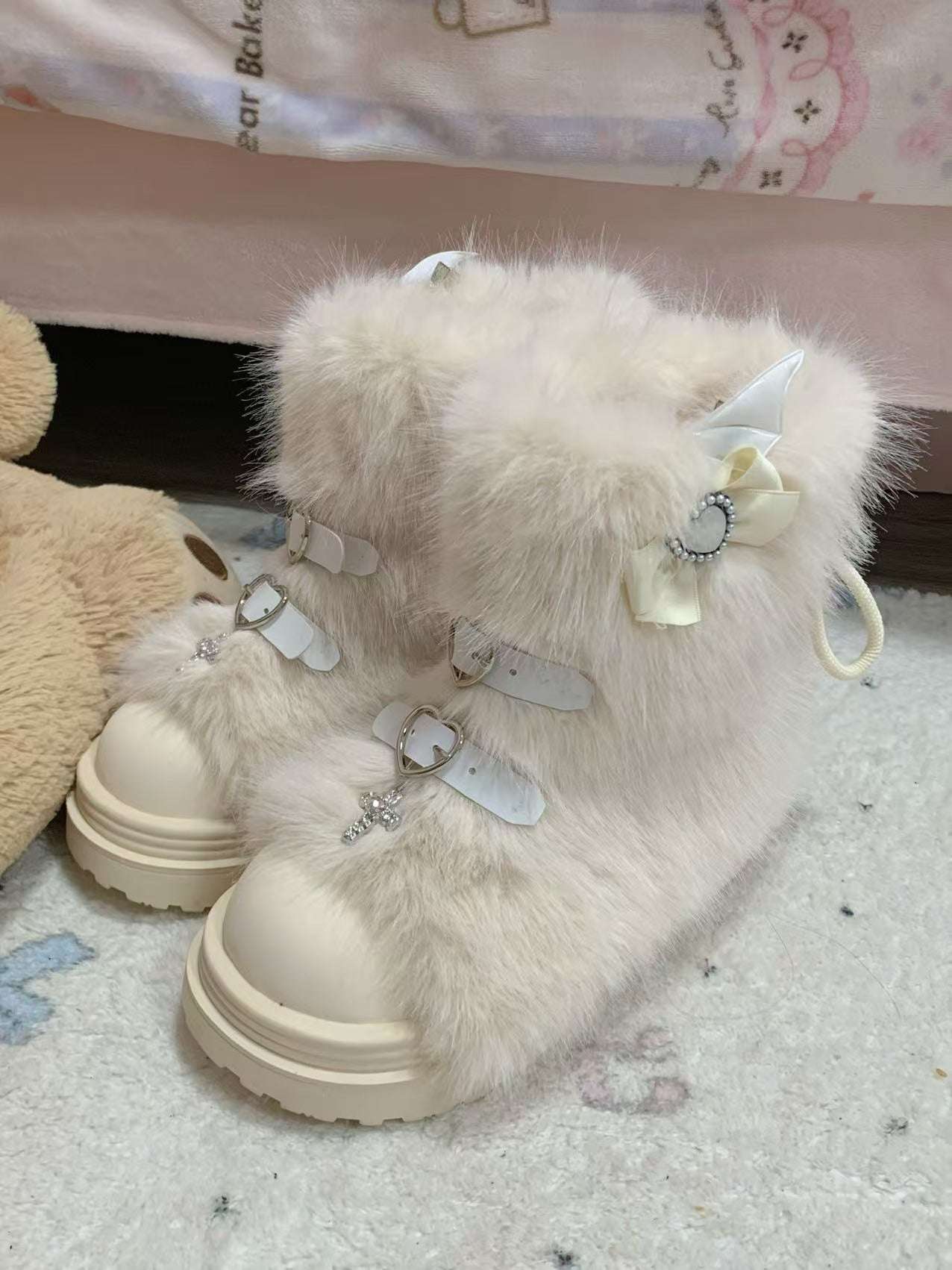 Pinky Fur White Pink Black Brown Winter Plush Snow Boots - Image 12